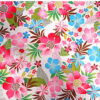 white with Tropical flowers, pink, blue and fuchia