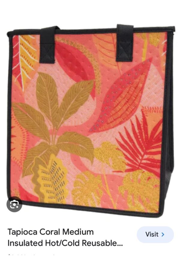 Medium size insulated bag with cute tropical leaf design in corals.