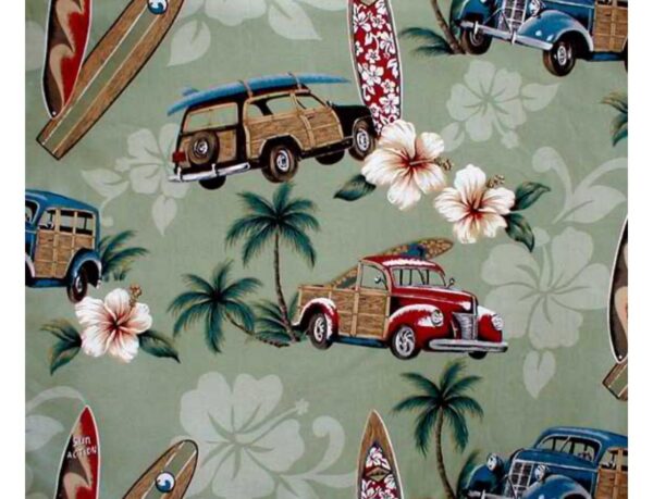 Sage green with woody cars, surfboards and palm trees
