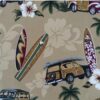 Tan fabric with woody cars, palm trees and surfboards