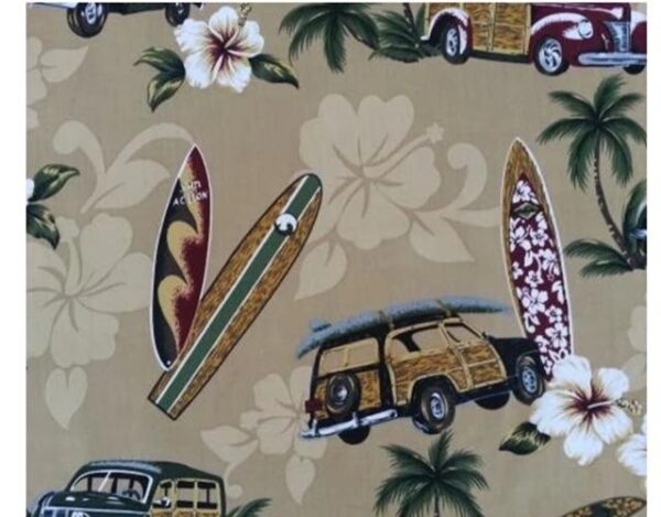 Tan Hawaiian print with woody cars, surfboards and palm trees