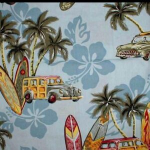 Dusty blue with woody cars and surfboards, palm trees.