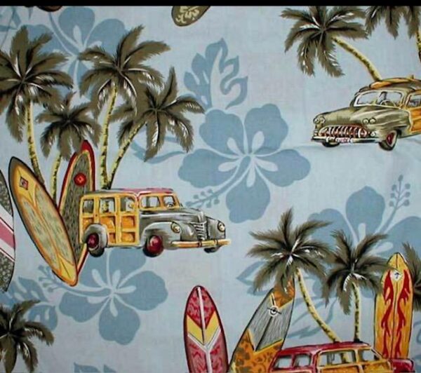 Dusty blue with woody cars and surfboards, palm trees.