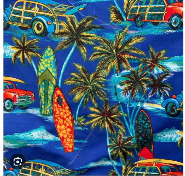 Hswaiian prints, with surfboards, wooky cars and palm trees.